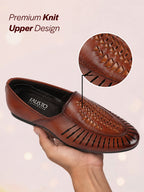 Shop Men Tan Laser Cut Design Ethnic Slip On Party Juttis and Mojaris Online.