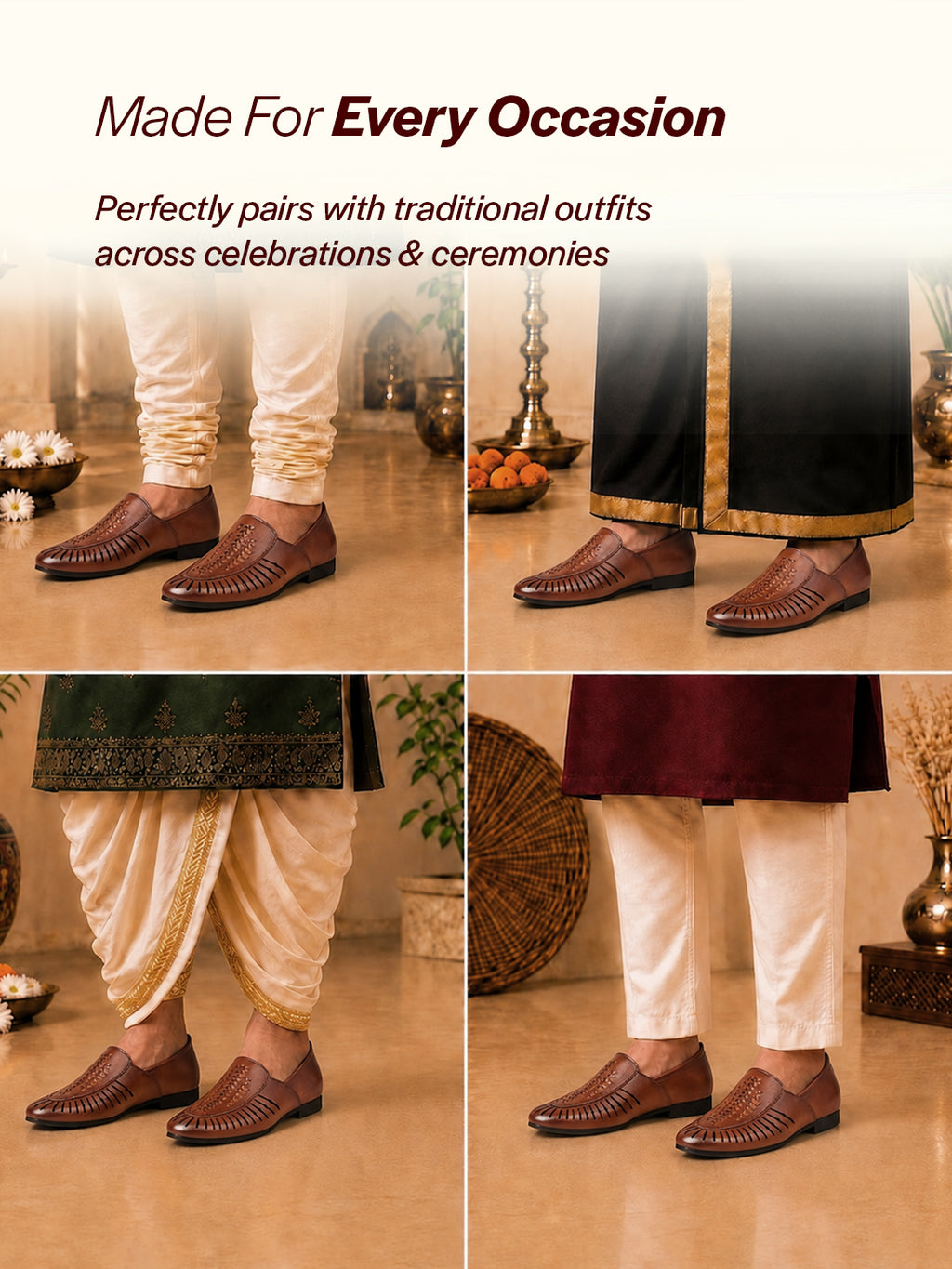 Shop Men Tan Laser Cut Design Ethnic Slip On Party Juttis and Mojaris Online.