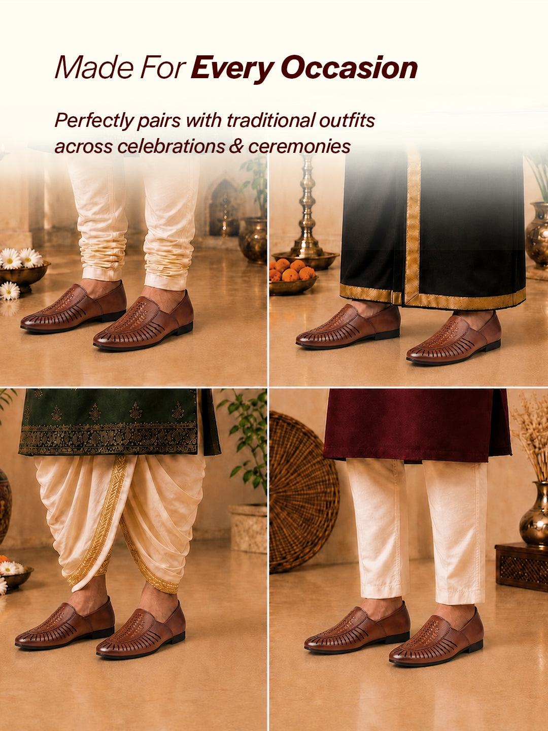 Shop Men Tan Laser Cut Design Ethnic Slip On Party Juttis and Mojaris Online.