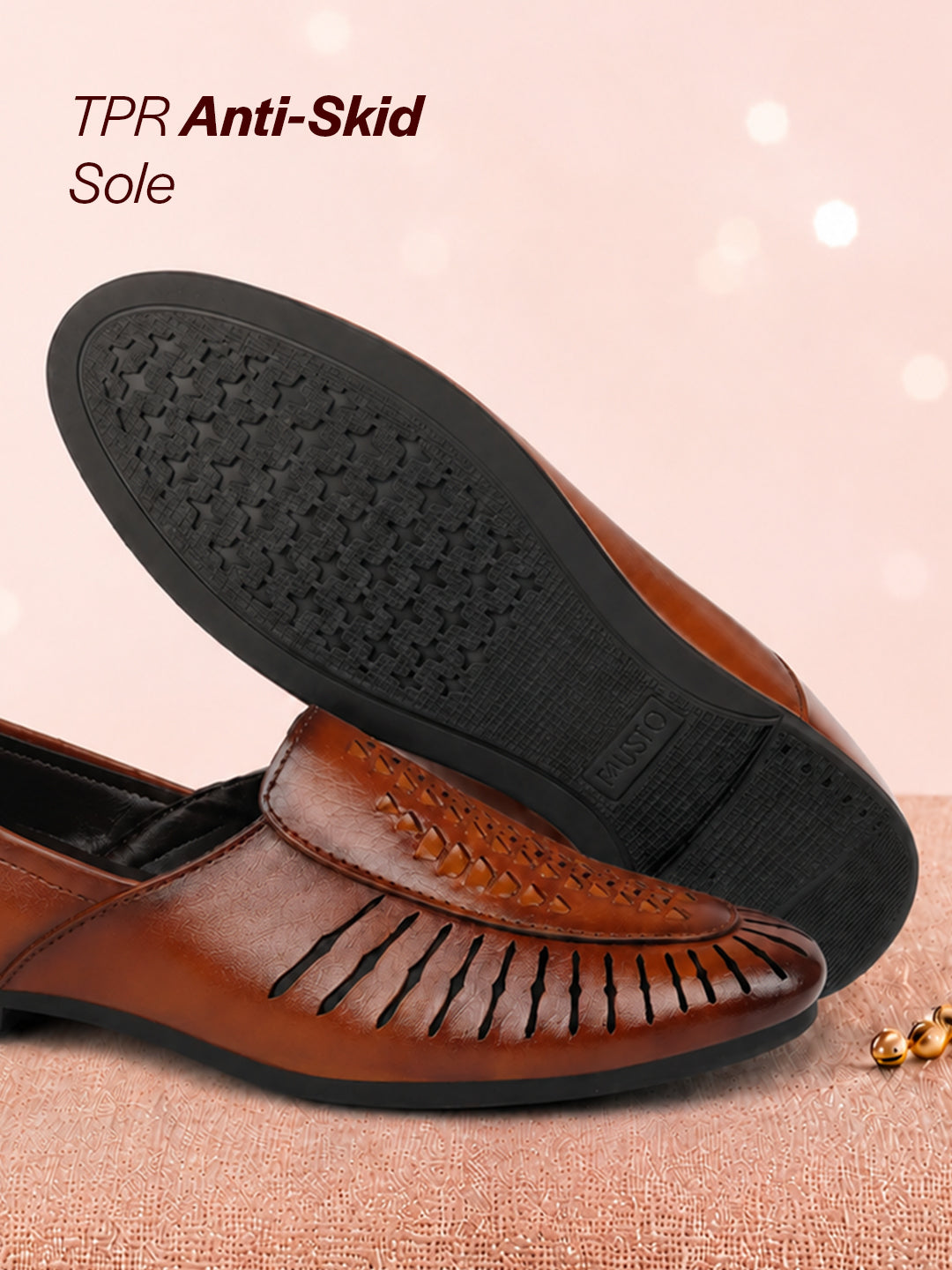 Shop Men Tan Laser Cut Design Ethnic Slip On Party Juttis and Mojaris Online.