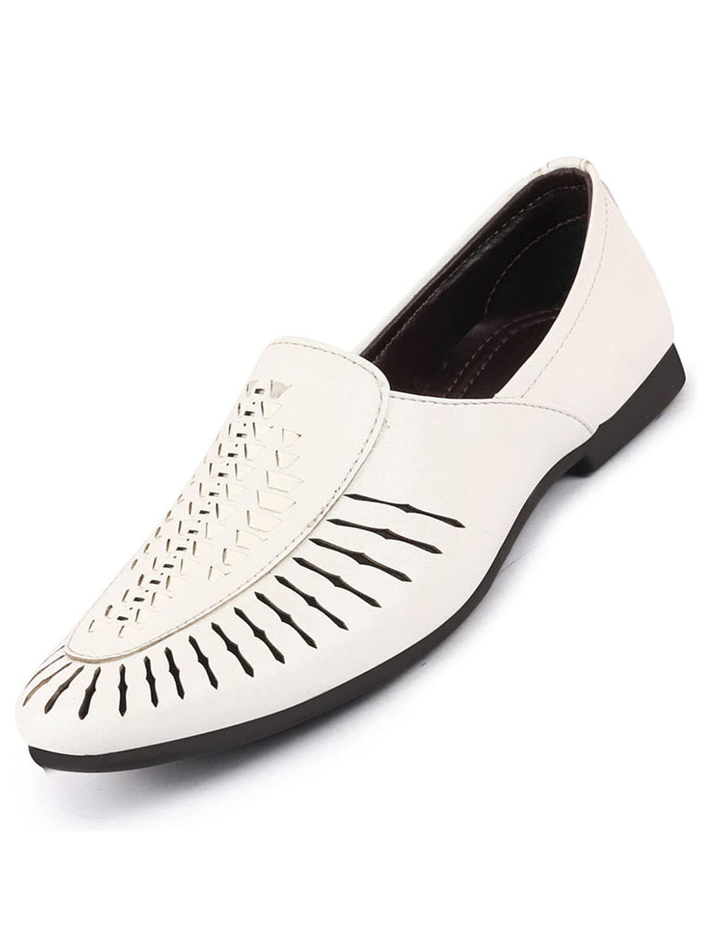 Shop Men White Laser Cut Design Ethnic Slip On Party Juttis and Mojaris Online.