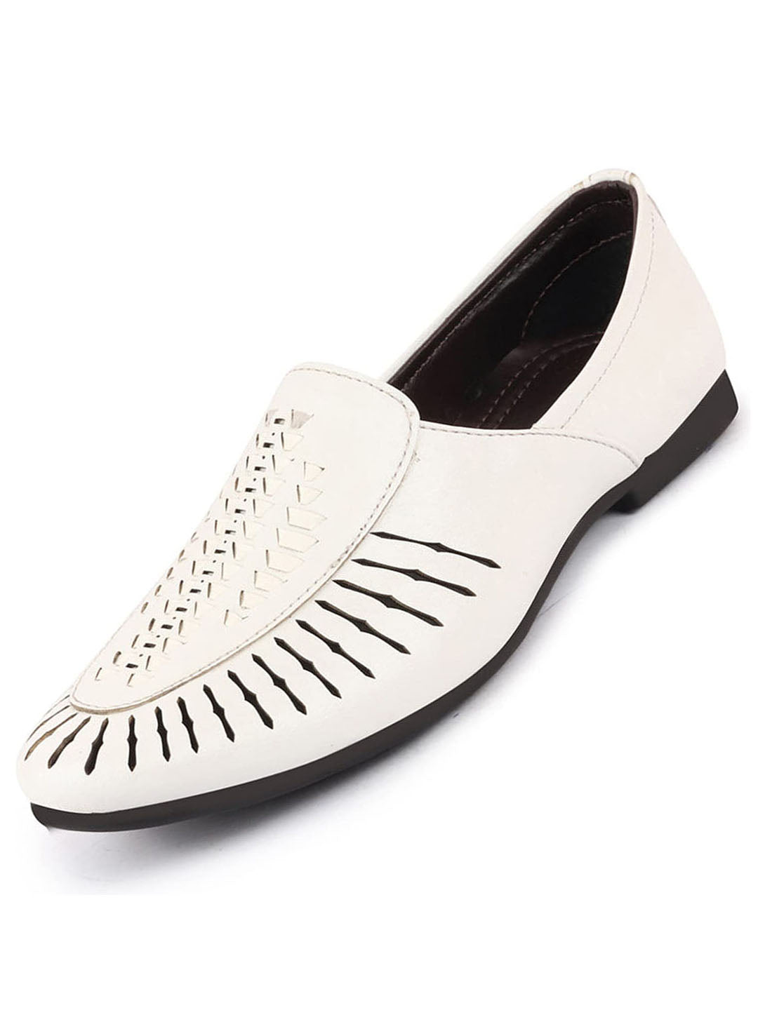 Shop Men White Laser Cut Design Ethnic Slip On Party Juttis and Mojaris Online.