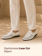 Shop Men White Laser Cut Design Ethnic Slip On Party Juttis and Mojaris Online.