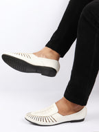 Shop Men White Laser Cut Design Ethnic Slip On Party Juttis and Mojaris Online.
