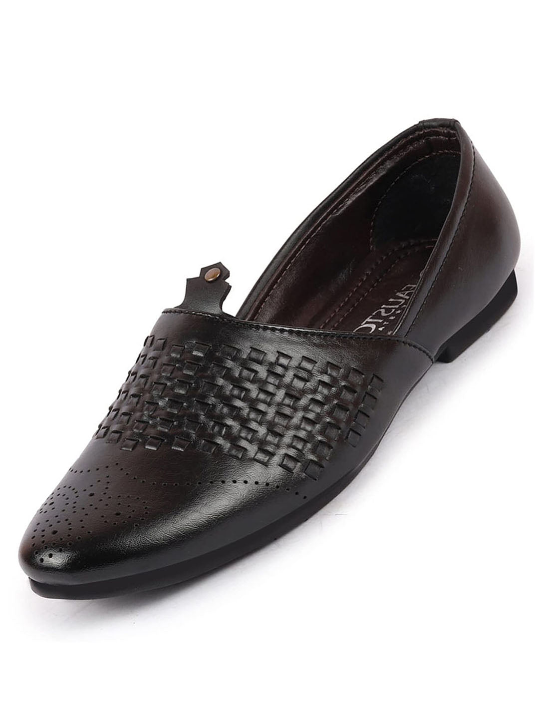 Shop Men Black Laser Cut Knitted Design Ethnic Wedding Broad Feet Slip On Juttis and Mojaris Online.
