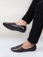 Shop Men Brown Laser Cut Knitted Design Ethnic Wedding Broad Feet Slip On Juttis and Mojaris Online.