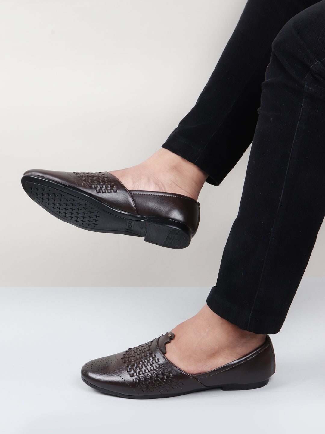 Shop Men Brown Laser Cut Knitted Design Ethnic Wedding Broad Feet Slip On Juttis and Mojaris Online.