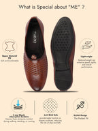 Shop Men Tan Laser Cut Knitted Design Ethnic Wedding Broad Feet Slip On Juttis and Mojaris Online.