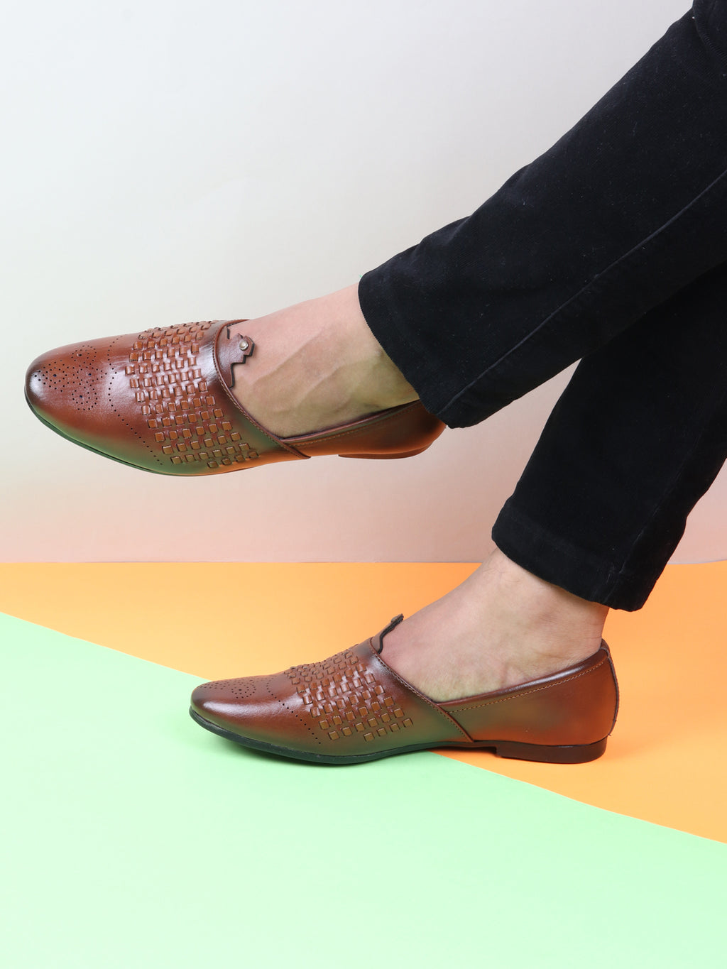 Shop Men Tan Laser Cut Knitted Design Ethnic Wedding Broad Feet Slip On Juttis and Mojaris Online.