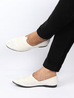 Shop Men White Laser Cut Knitted Design Ethnic Wedding Broad Feet Slip On Juttis and Mojaris Online.