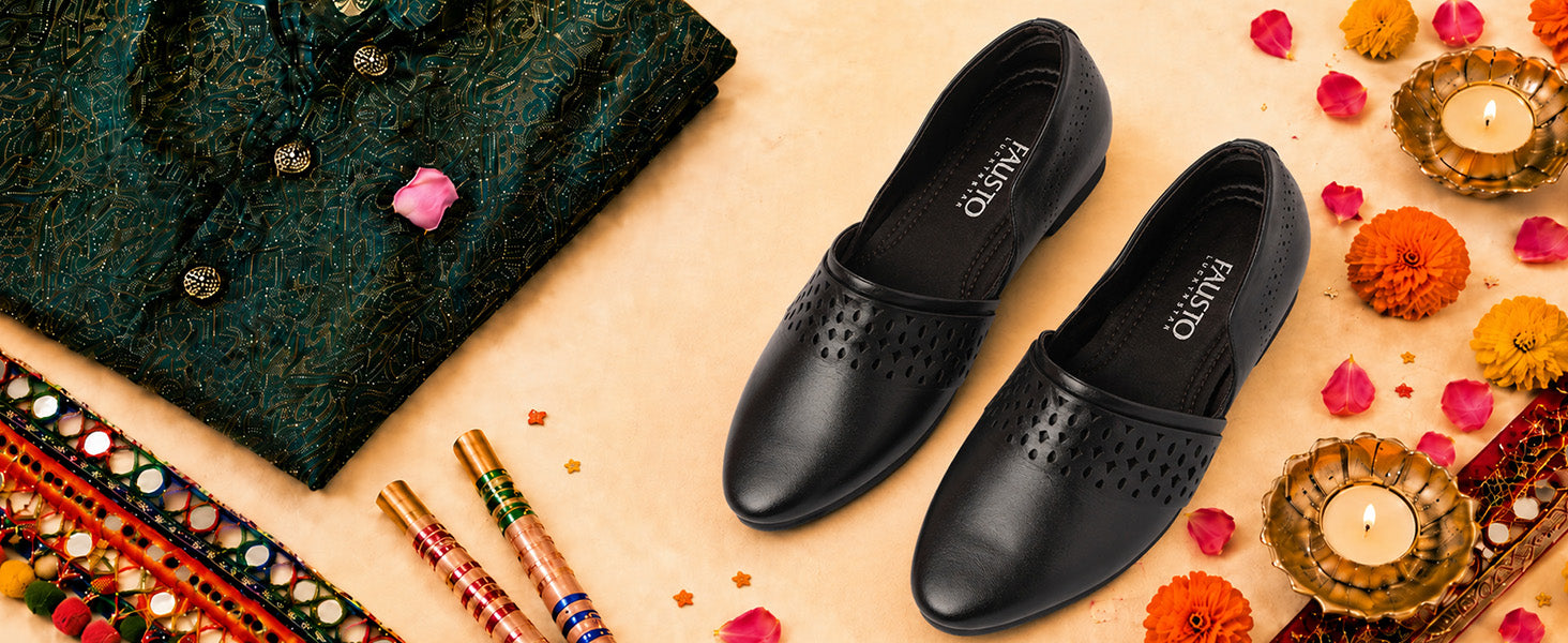 Men Black Laser Cut Design Side Open Broad Feet Ethnic Party Slip On Juttis and Mojaris