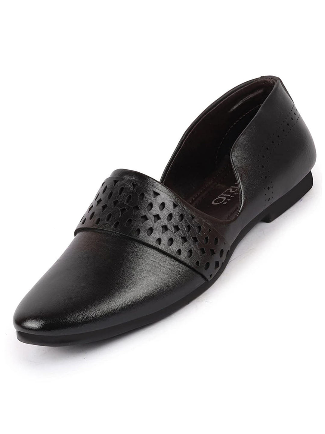 men brown laser cut design side open broad feet ethnic party slip on shoes