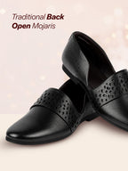 Shop Men Black Laser Cut Design Side Open Broad Feet Ethnic Party Slip On Shoes Online.