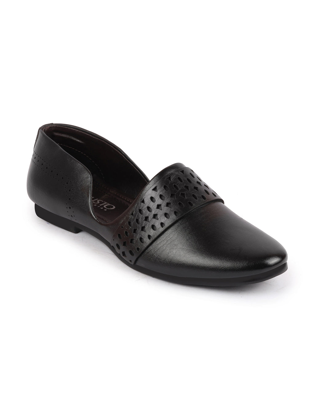 Men Black Laser Cut Design Side Open Broad Feet Ethnic Party Slip On Juttis and Mojaris