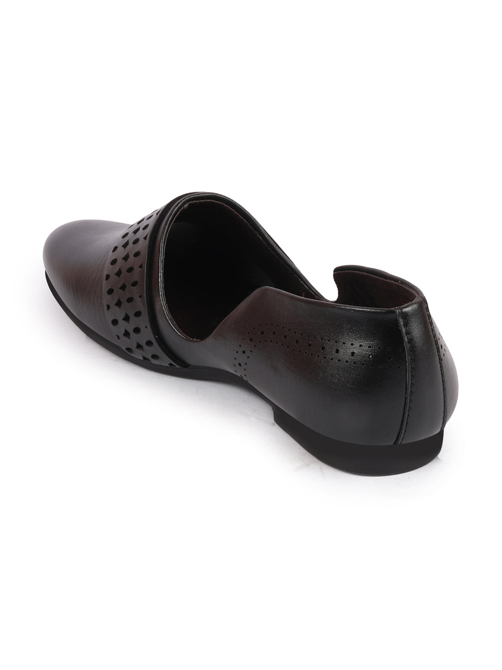 Men Black Laser Cut Design Side Open Broad Feet Ethnic Party Slip On Juttis and Mojaris