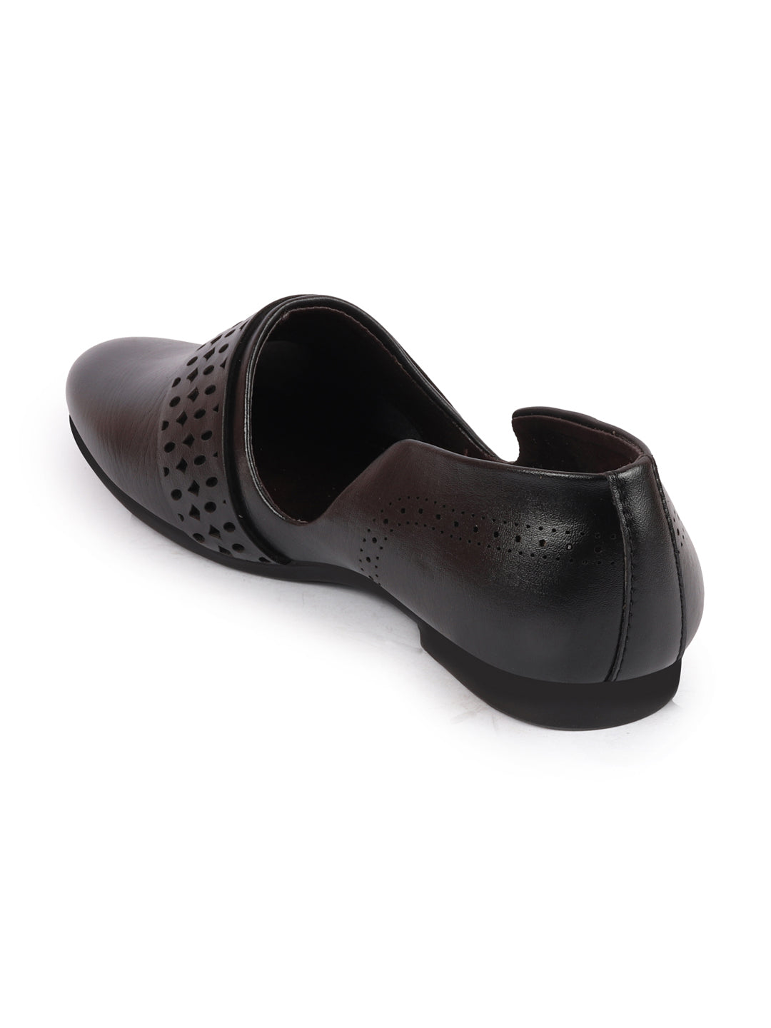 Men Black Laser Cut Design Side Open Broad Feet Ethnic Party Slip On Juttis and Mojaris