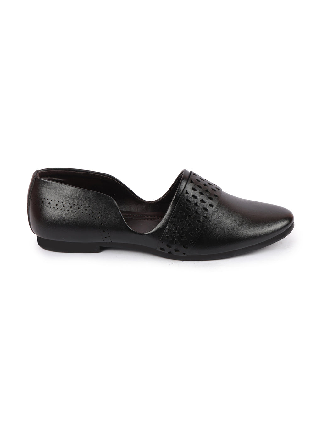 Men Black Laser Cut Design Side Open Broad Feet Ethnic Party Slip On Juttis and Mojaris