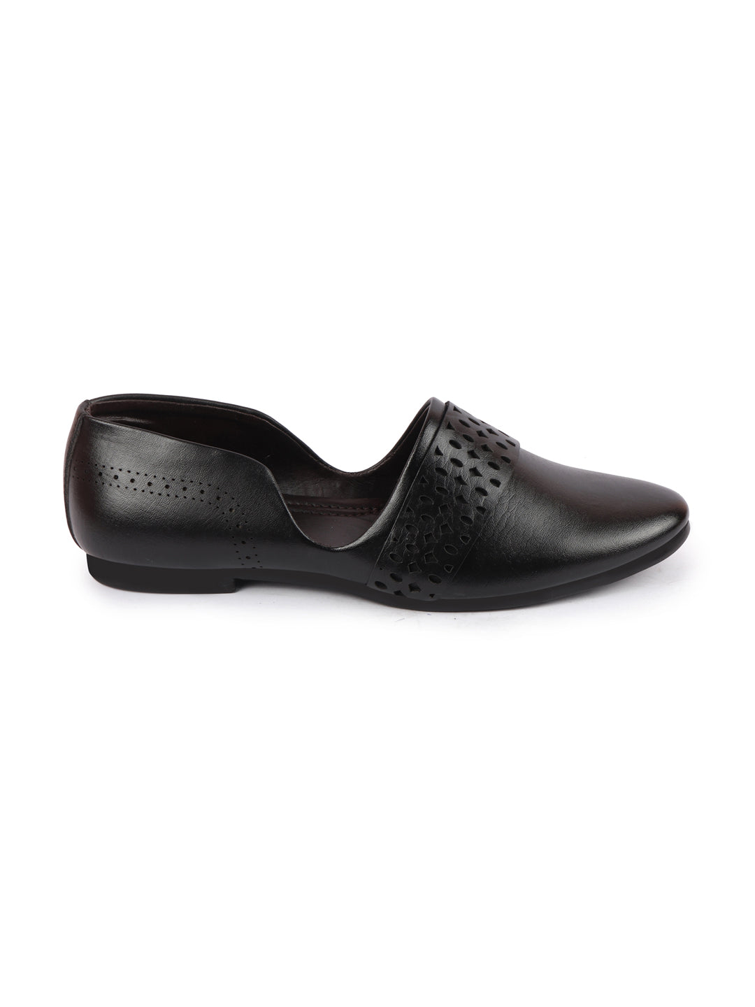 Men Black Laser Cut Design Side Open Broad Feet Ethnic Party Slip On Juttis and Mojaris