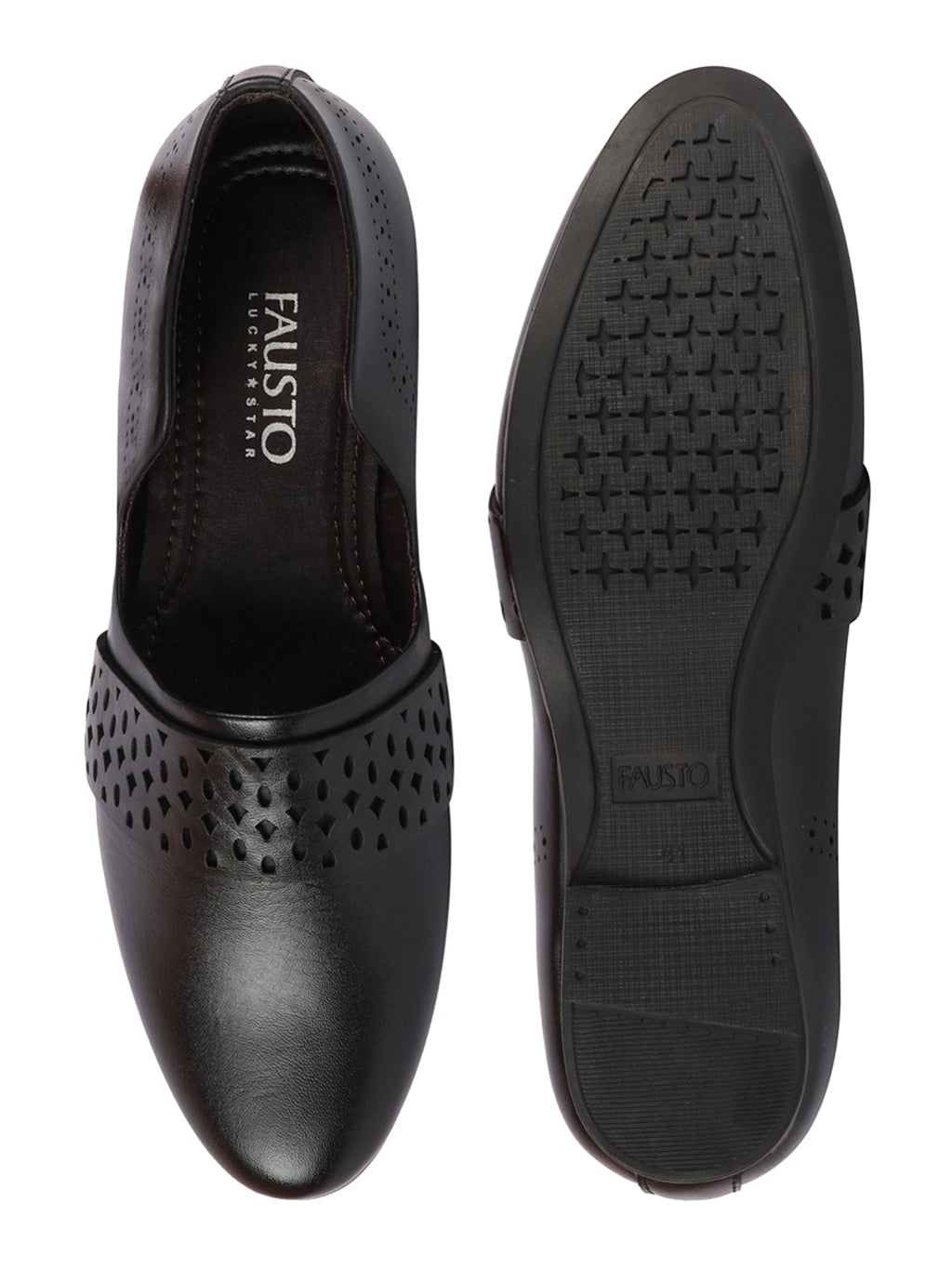 Men Black Laser Cut Design Side Open Broad Feet Ethnic Party Slip On Juttis and Mojaris