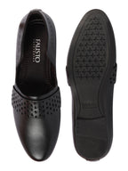 Men Black Laser Cut Design Side Open Broad Feet Ethnic Party Slip On Juttis and Mojaris