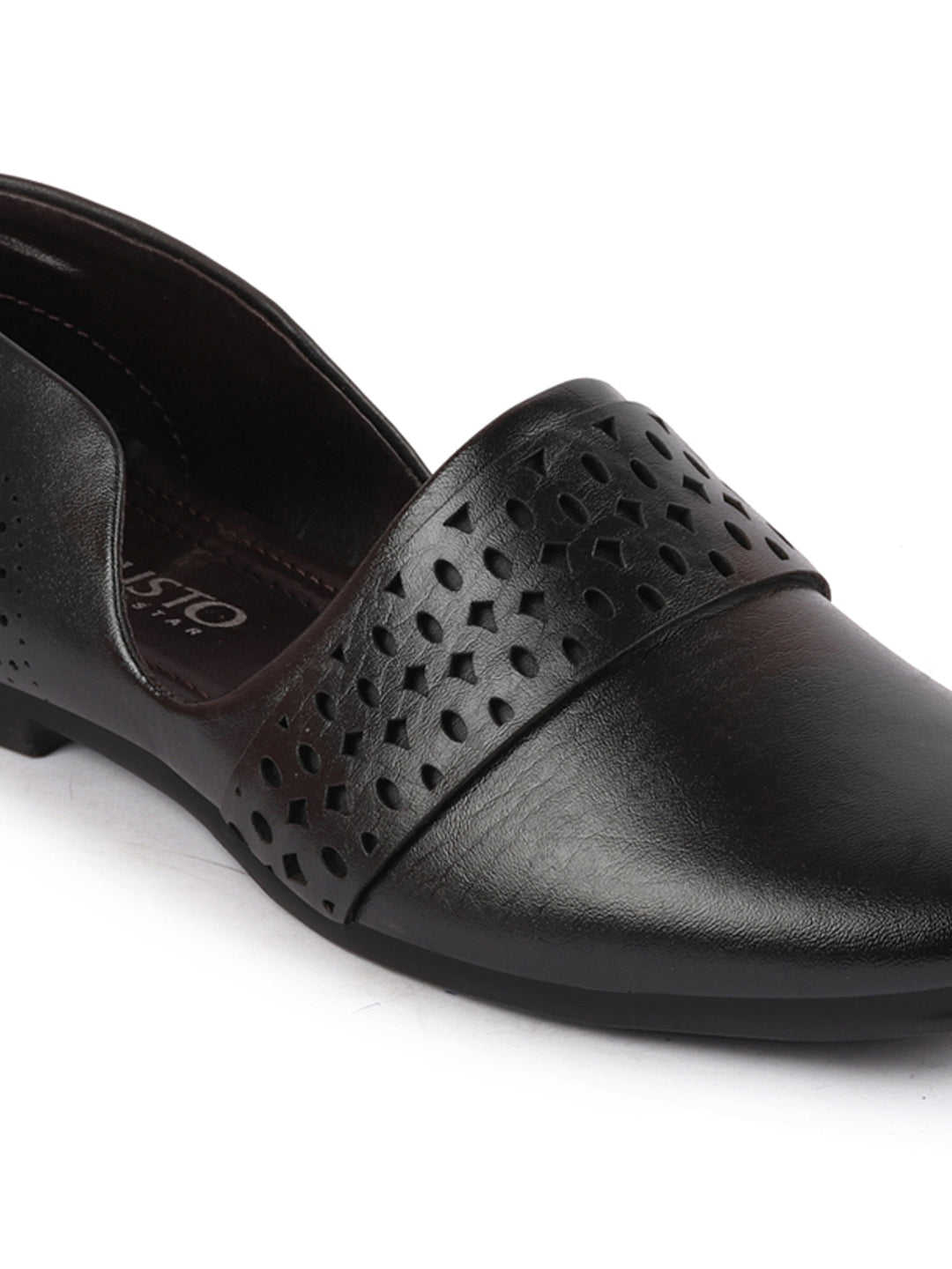 Men Black Laser Cut Design Side Open Broad Feet Ethnic Party Slip On Juttis and Mojaris