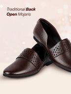 men brown laser cut design side open broad feet ethnic party slip on shoes