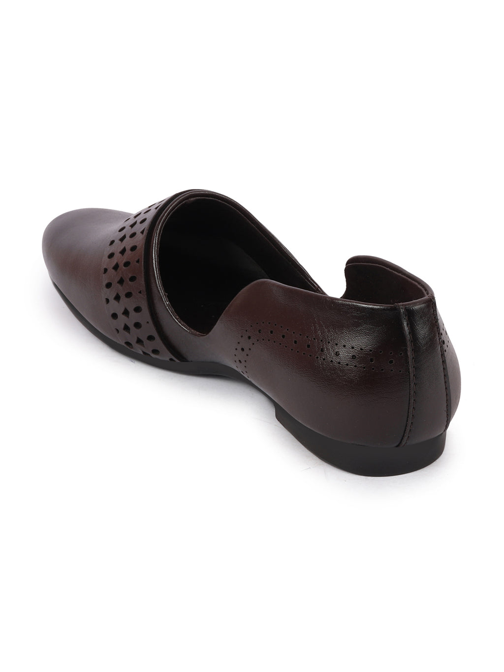 Men Brown Laser Cut Design Side Open Broad Feet Ethnic Party Slip On Juttis and Mojaris