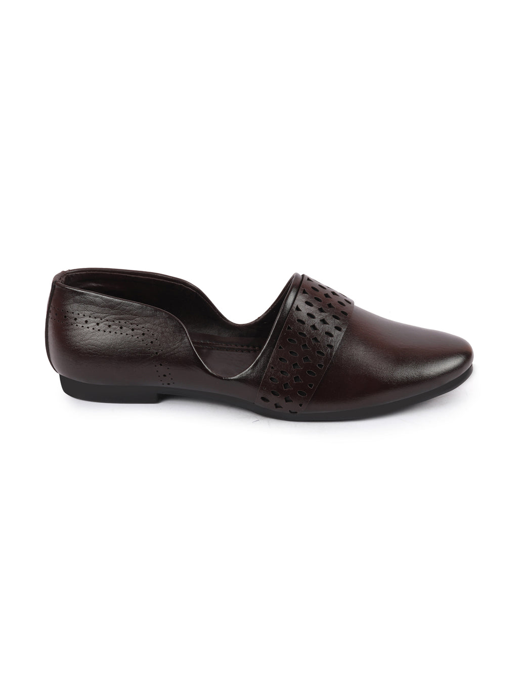 Men Brown Laser Cut Design Side Open Broad Feet Ethnic Party Slip On Juttis and Mojaris