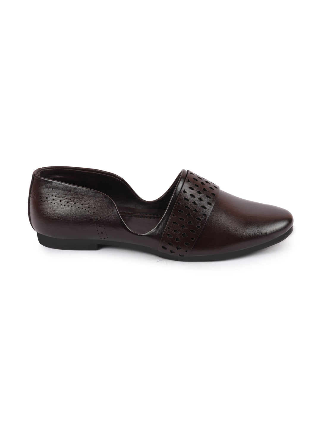 Men Brown Laser Cut Design Side Open Broad Feet Ethnic Party Slip On Juttis and Mojaris