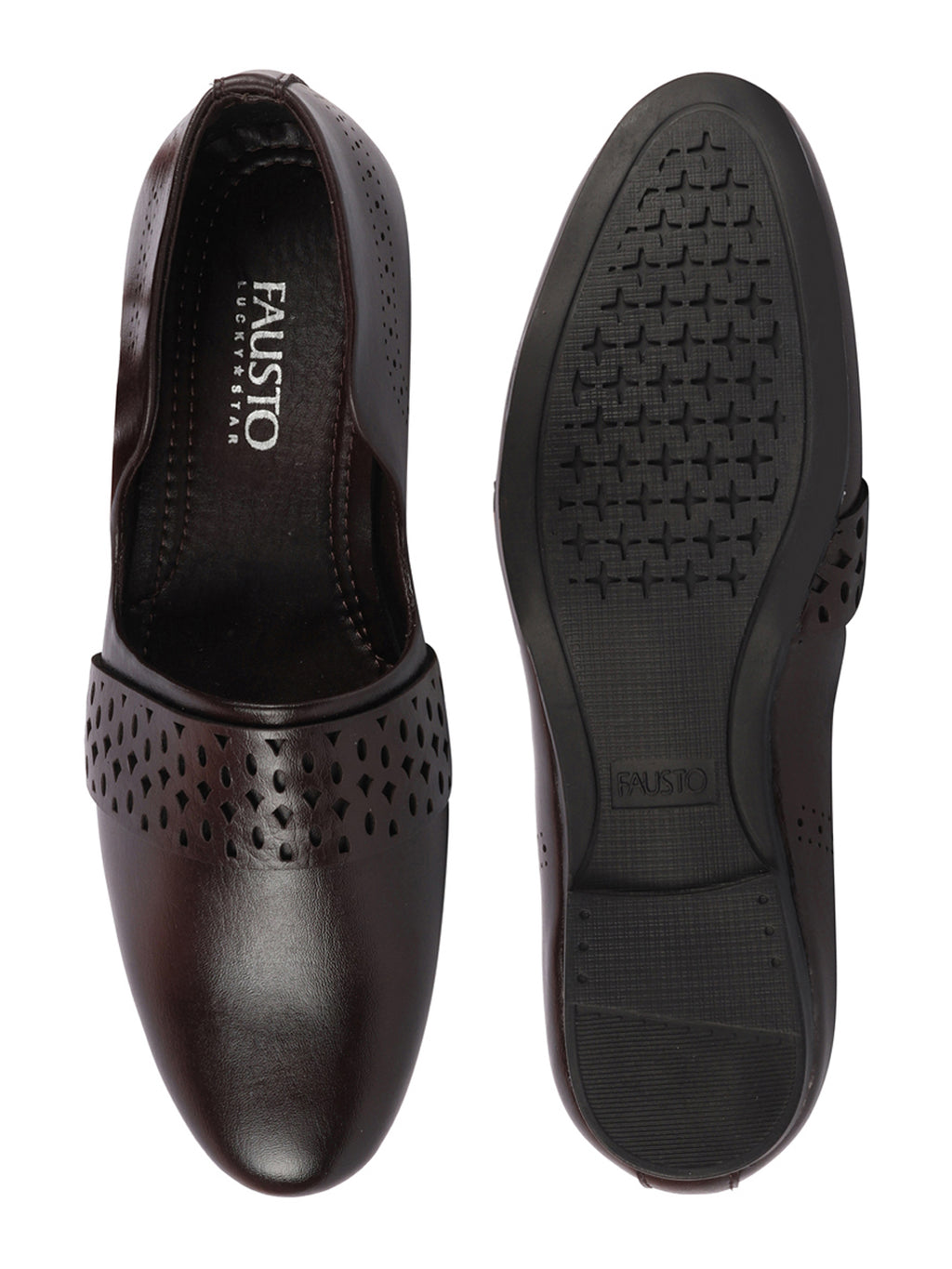 Men Brown Laser Cut Design Side Open Broad Feet Ethnic Party Slip On Juttis and Mojaris