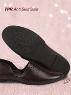 men brown laser cut design side open broad feet ethnic party slip on shoes