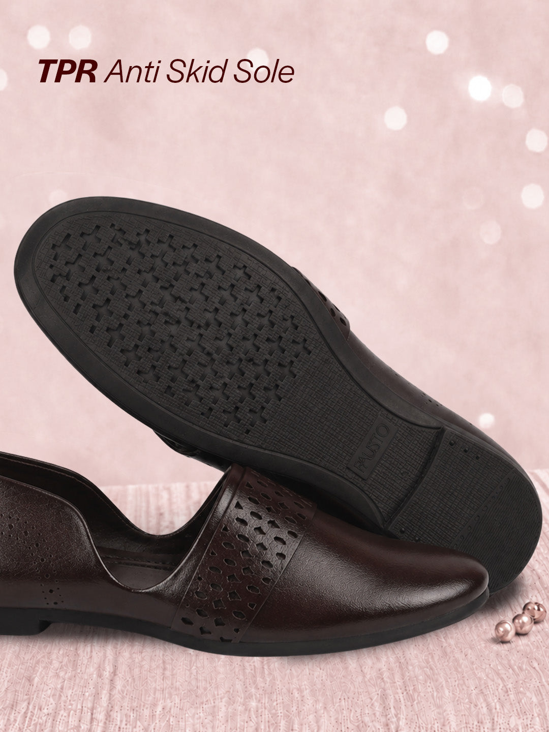 men brown laser cut design side open broad feet ethnic party slip on shoes