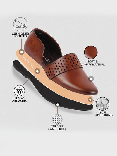 Men Tan Laser Cut Design Side Open Broad Feet Ethnic Party Slip On Shoes