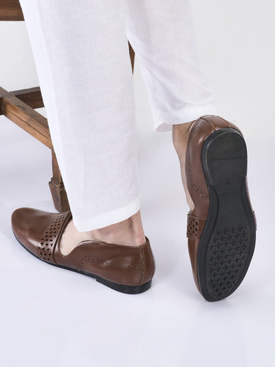 men tan laser cut design side open broad feet ethnic party slip on shoes