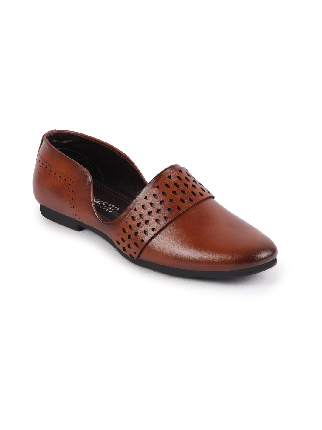 Men Tan Laser Cut Design Side Open Broad Feet Ethnic Party Slip On Juttis and Mojaris