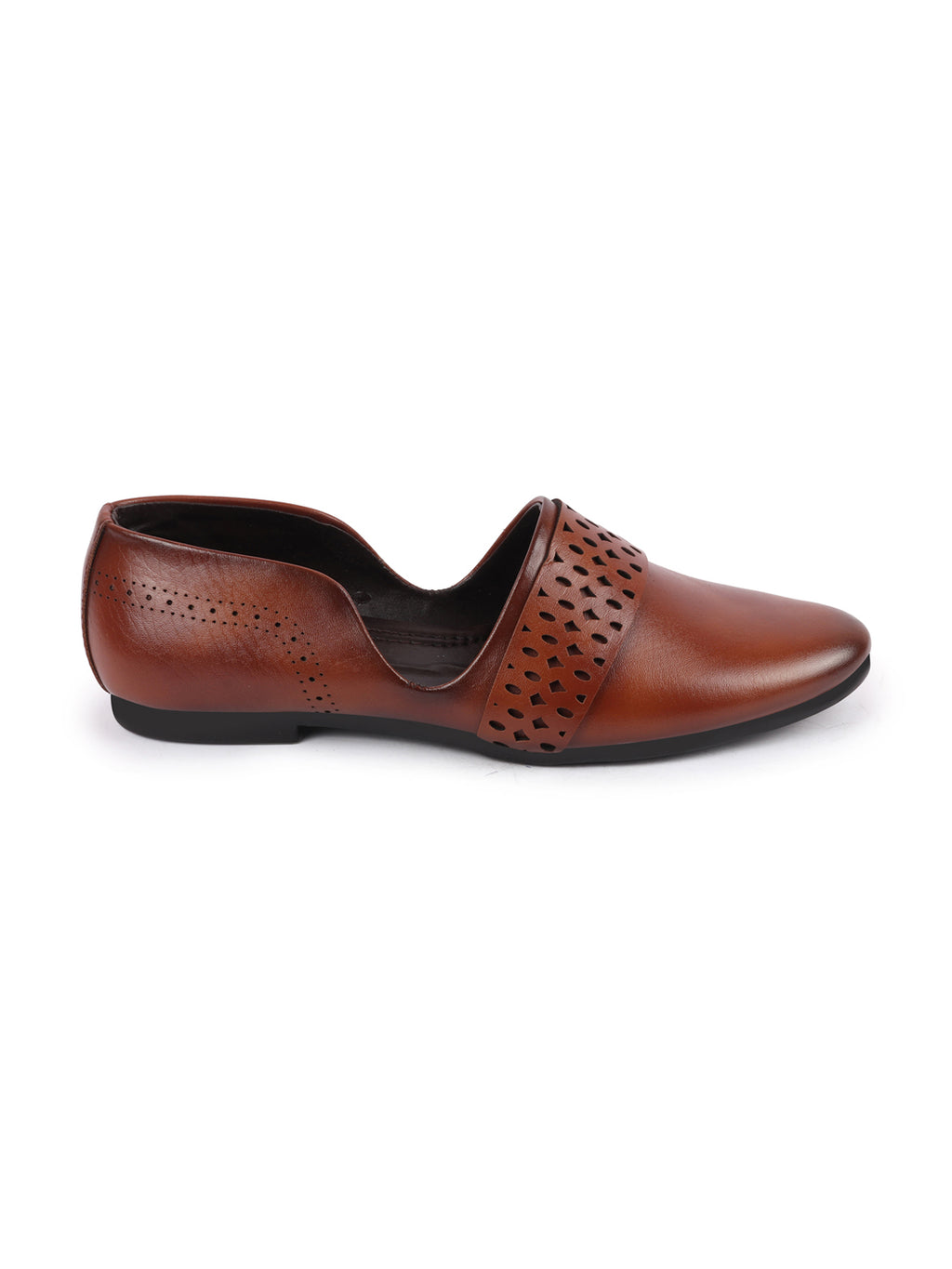 Men Tan Laser Cut Design Side Open Broad Feet Ethnic Party Slip On Juttis and Mojaris