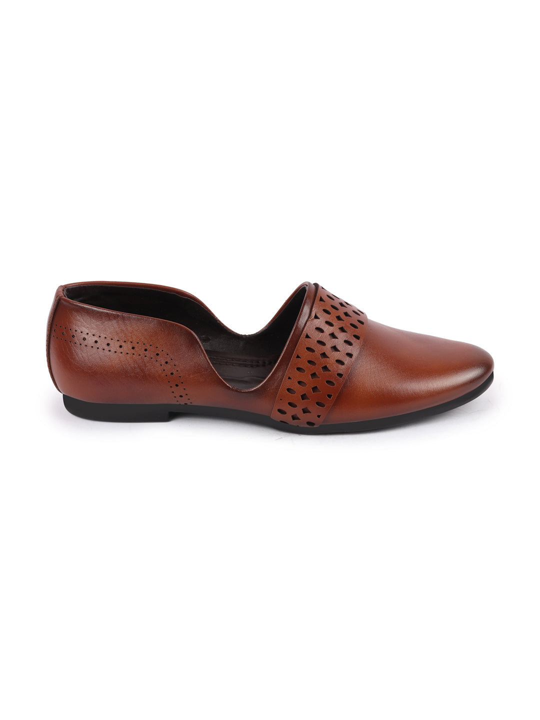 Men Tan Laser Cut Design Side Open Broad Feet Ethnic Party Slip On Juttis and Mojaris