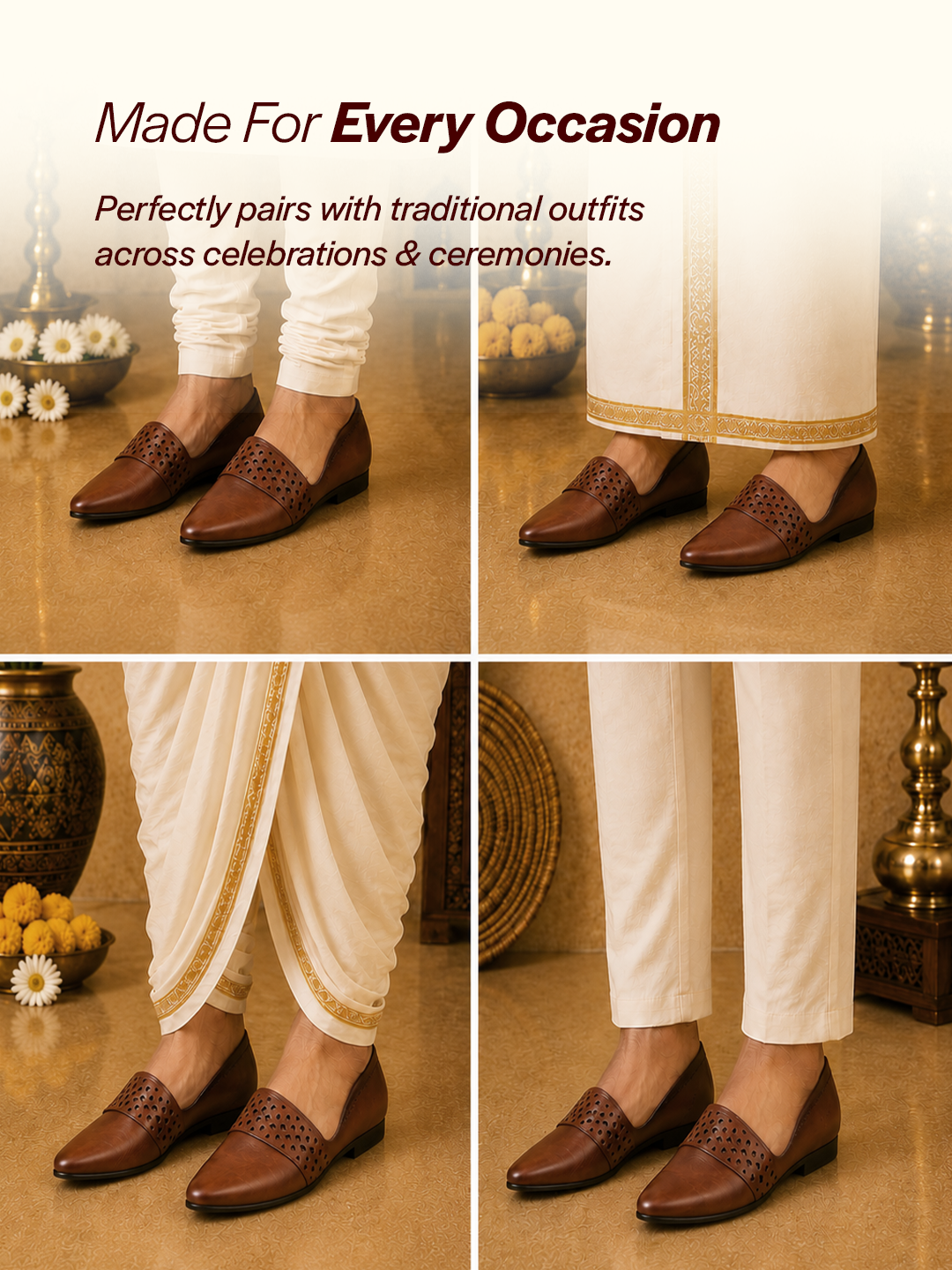 Men Tan Laser Cut Design Side Open Broad Feet Ethnic Party Slip On Juttis and Mojaris