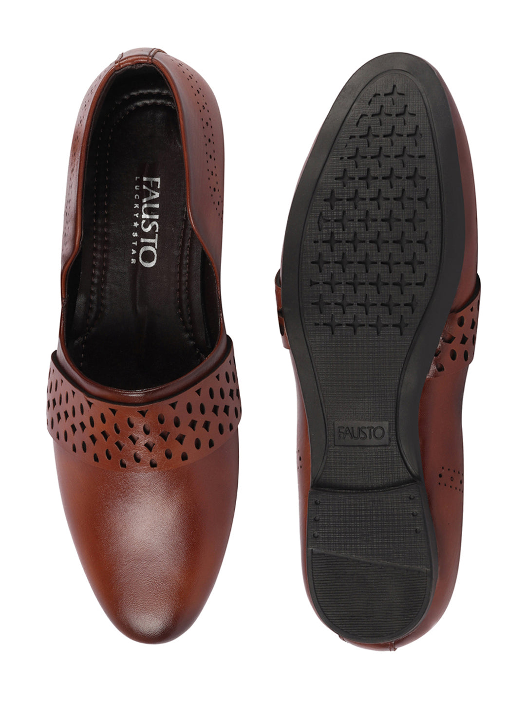 Men Tan Laser Cut Design Side Open Broad Feet Ethnic Party Slip On Juttis and Mojaris