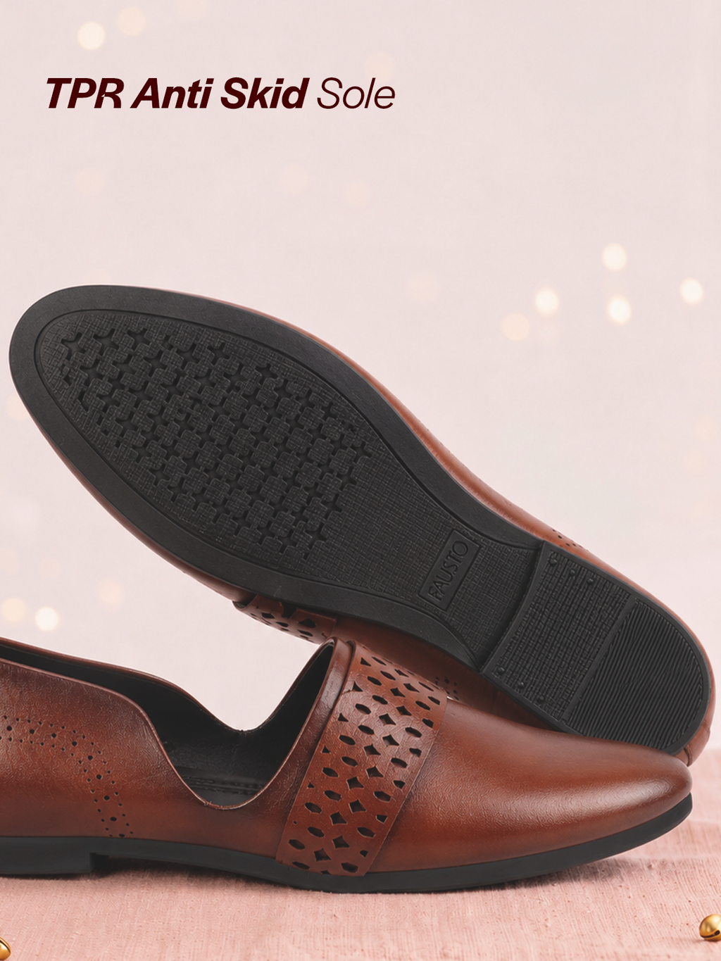 Men Tan Laser Cut Design Side Open Broad Feet Ethnic Party Slip On Juttis and Mojaris