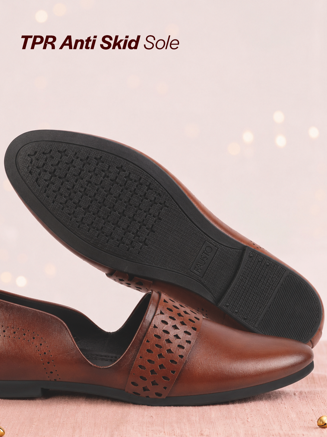 Men Tan Laser Cut Design Side Open Broad Feet Ethnic Party Slip On Juttis and Mojaris