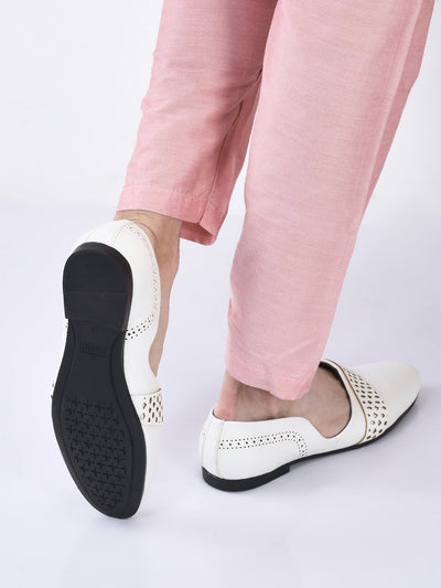 men white laser cut design side open broad feet ethnic party slip on shoes