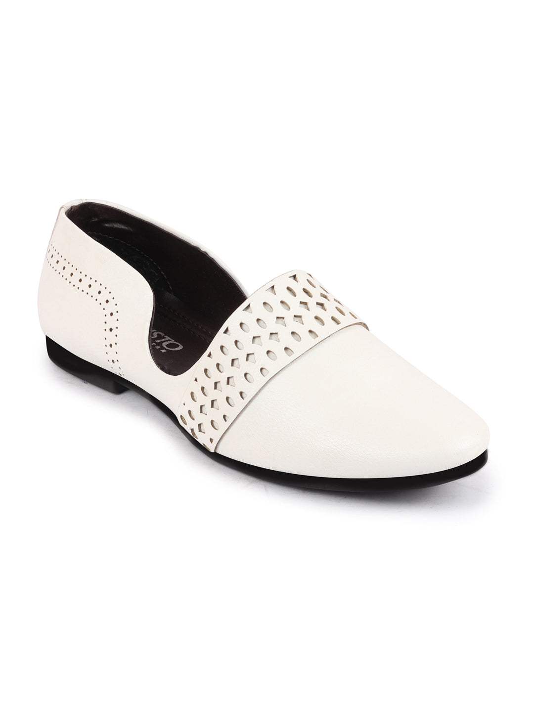 Men White Laser Cut Design Side Open Broad Feet Ethnic Party Slip On Juttis and Mojaris