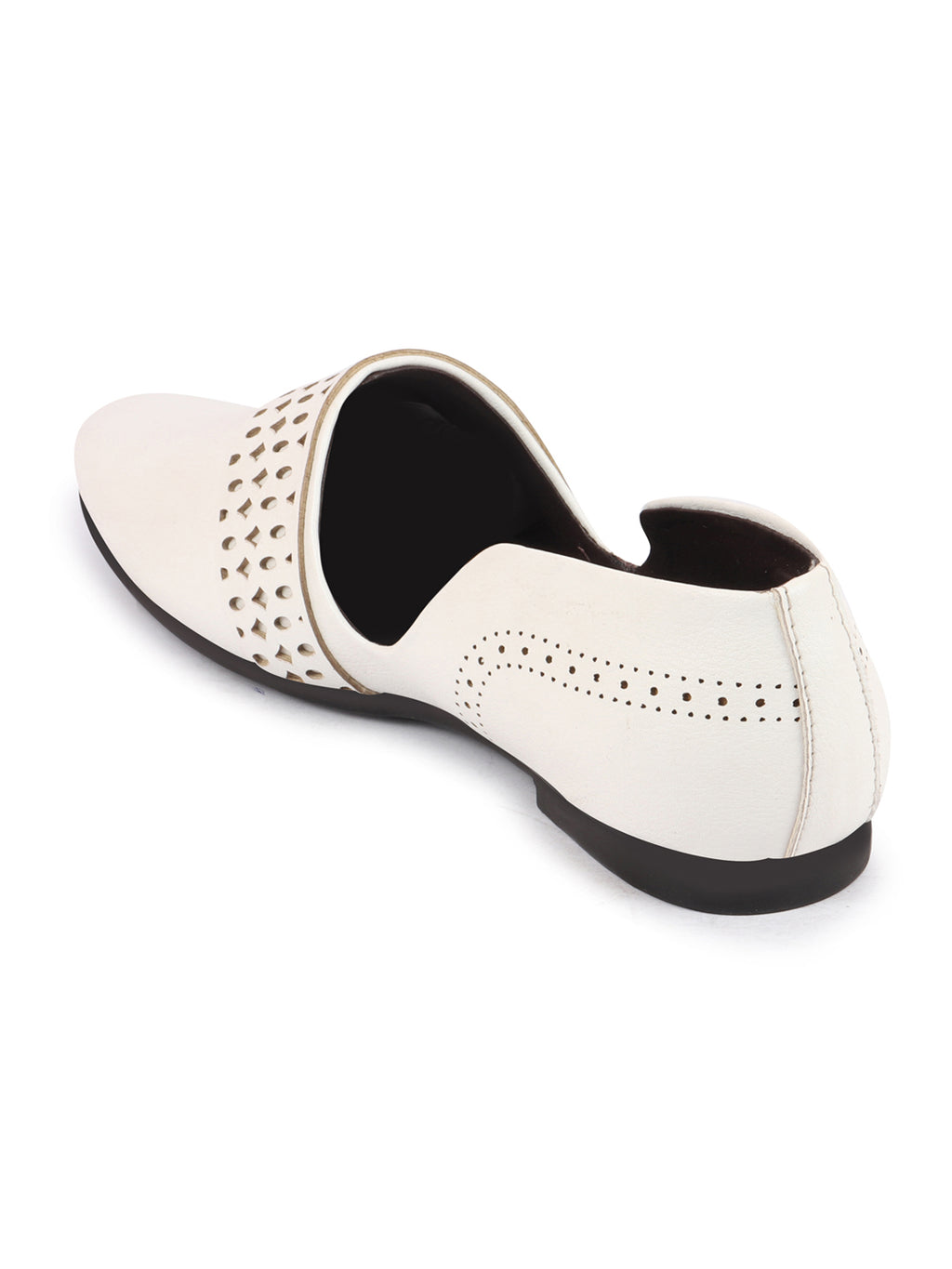 Men White Laser Cut Design Side Open Broad Feet Ethnic Party Slip On Juttis and Mojaris