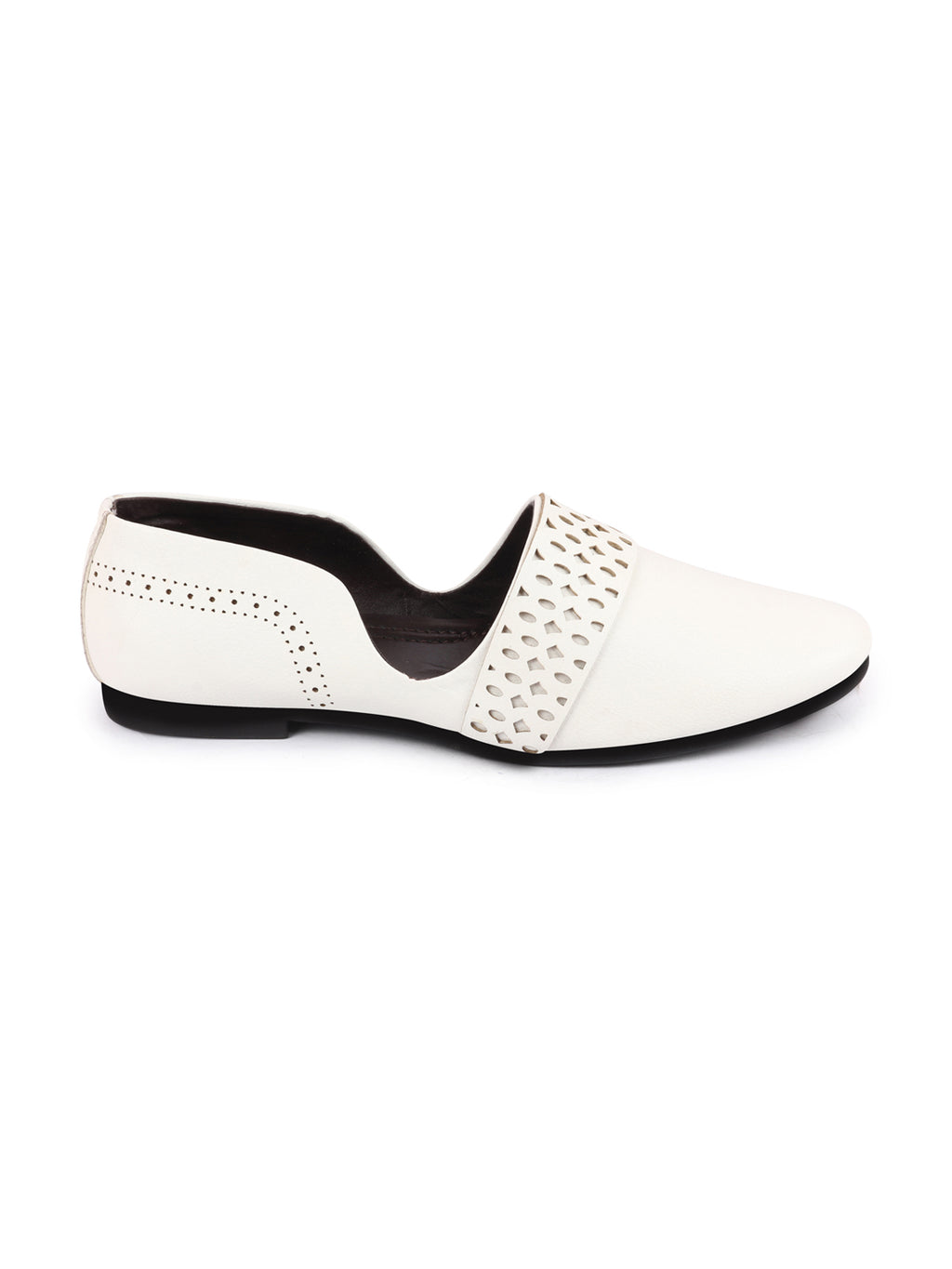 Men White Laser Cut Design Side Open Broad Feet Ethnic Party Slip On Juttis and Mojaris
