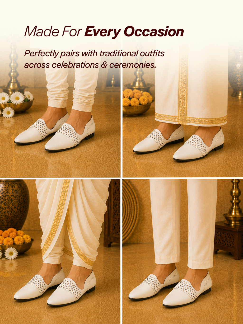 Men White Laser Cut Design Side Open Broad Feet Ethnic Party Slip On Juttis and Mojaris