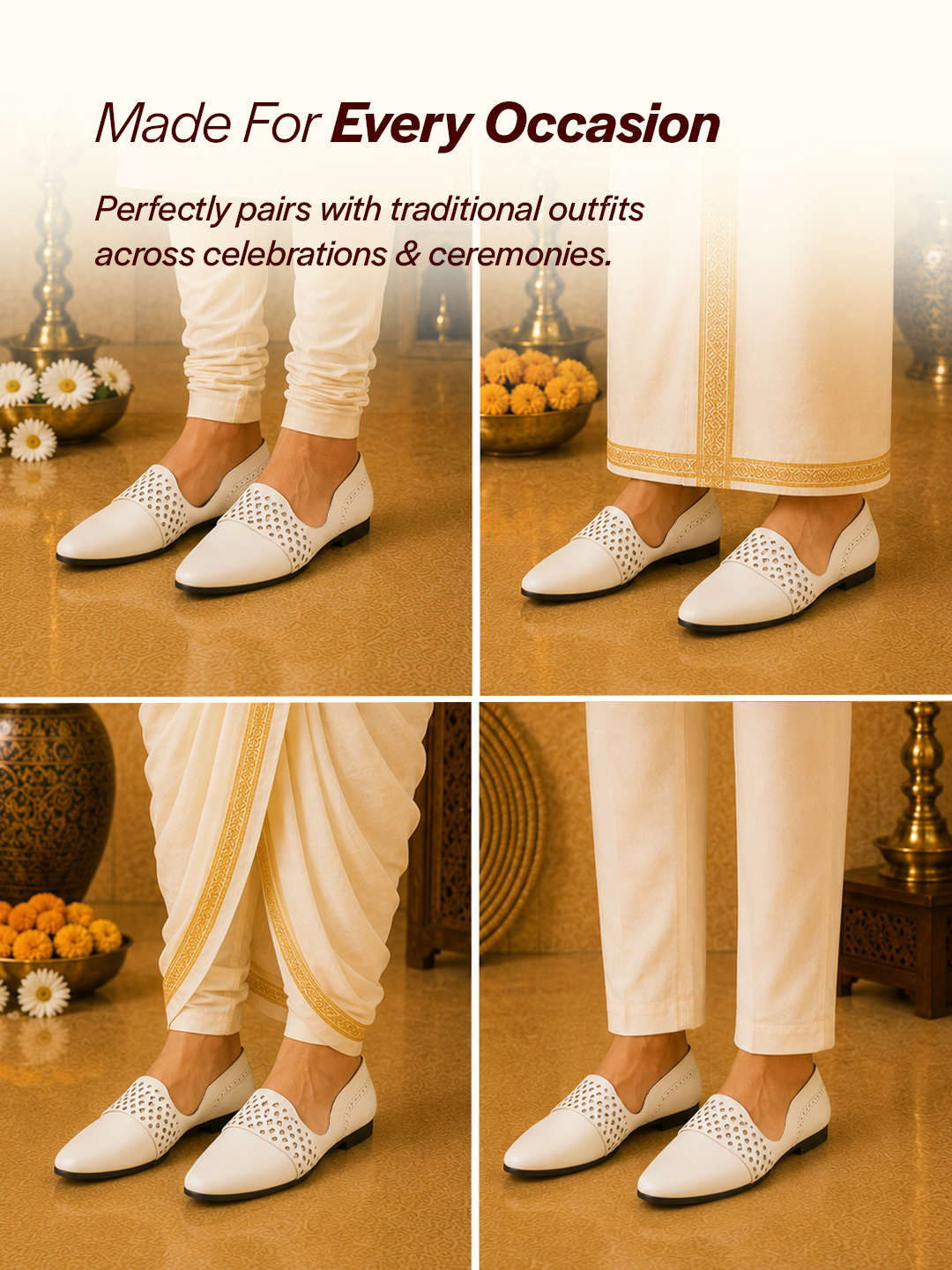 Men White Laser Cut Design Side Open Broad Feet Ethnic Party Slip On Juttis and Mojaris