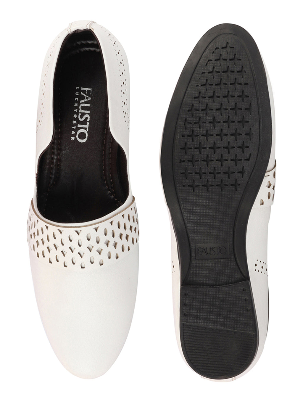 Men White Laser Cut Design Side Open Broad Feet Ethnic Party Slip On Juttis and Mojaris