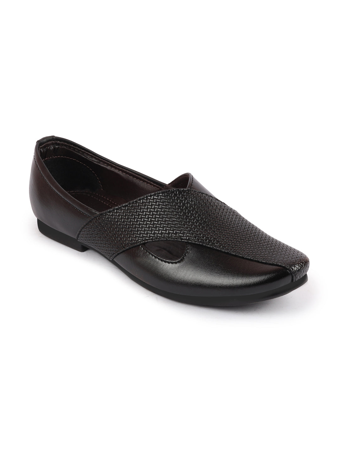 Shop Men Black Embossed Design Ethnic Party Slip On Juttis and Mojaris Online.