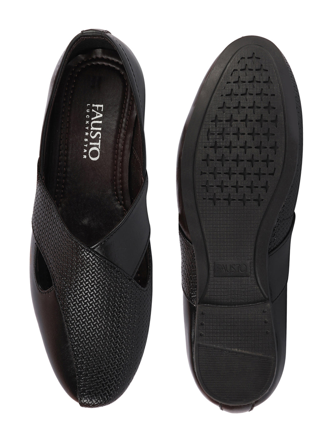 Shop Men Black Embossed Design Ethnic Party Slip On Juttis and Mojaris Online.
